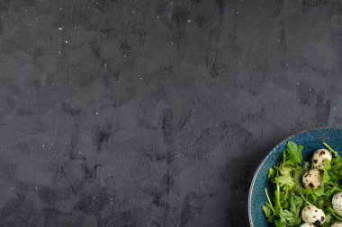 Mavi tabak taze çiğ bıldırcın yumurtası ve siyah arka planda maydanoz yaprakları. Yüksek kalite fotoğraf