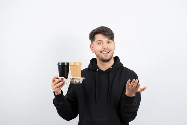 Portrait Attractive Man Holding Two Take Away Cups Carton High — Stock Photo, Image