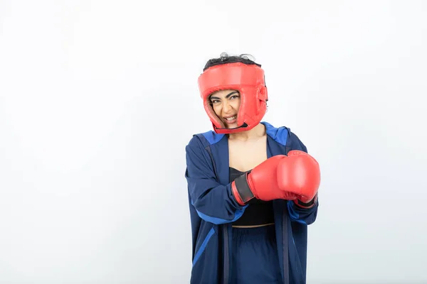 Photo Boxeuse Forme Avec Gants Rouges Casque Entraînement Photo Haute — Photo