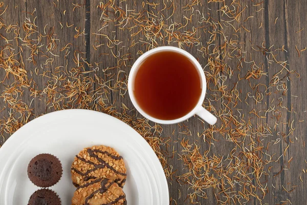 Cookies Seeds Cup Black Tea Placed Wooden Table High Quality — Stock Photo, Image