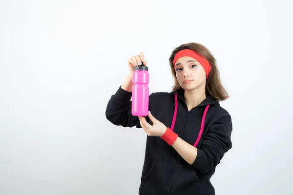 Beautiful Sporty Woman Holding Bottle Water White Wall High Quality — Stock Photo, Image