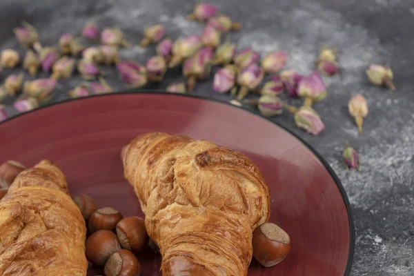 Freshly Baked Croissants Healthy Hazelnuts Shell High Quality Photo — Stock Photo, Image