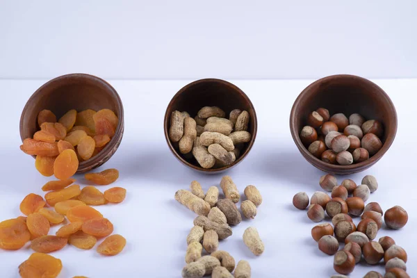 Dried Organic Apricots Peanuts Hazelnuts Out Wooden Bowls High Quality — Fotografia de Stock