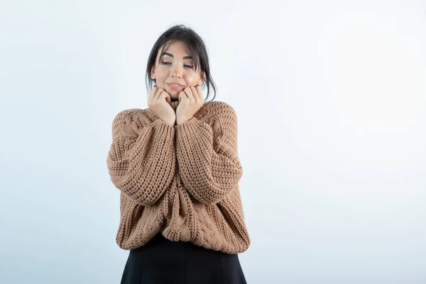 Image Beautiful Young Woman Knitted Sweater Sleeping White Background High — Stock Photo, Image