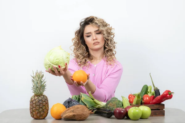 Curly Woman Sitting Table Lot Various Fresh Vegetables Stock Photo