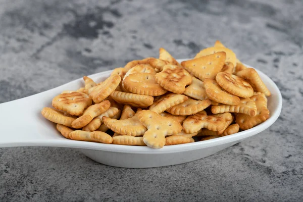 White Spoon Full Crispy Crackers Placed Stone Background High Quality — Stock Photo, Image