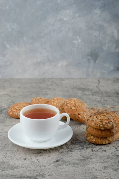 Stack Oatmeal Cookies Seeds Cup Tea Stone High Quality Photo — Stock Photo, Image