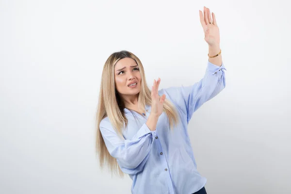 Image Young Beautiful Woman Looking Something White Background High Quality — Stock Photo, Image