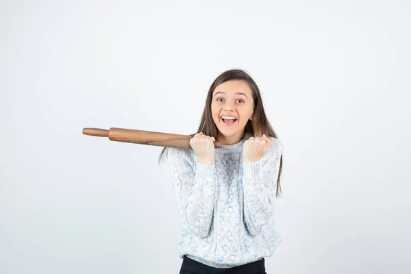 Young Woman Holding Rolling Pin White Background High Quality Photo — Stock Photo, Image
