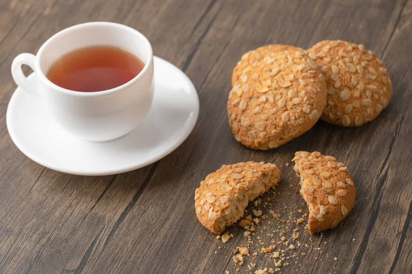 Oatmeal Cookies Seeds Cereals White Cup Black Tea High Quality — Stock Photo, Image