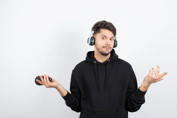 Handsome Young Man Singing Karaoke Big Wireless Music Headphones High — Stock Photo, Image