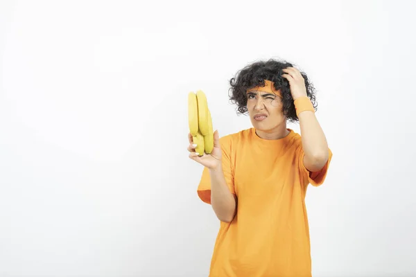 Beautiful Curly Haired Woman Shirt Bananas Thinking High Quality Photo Stock Image