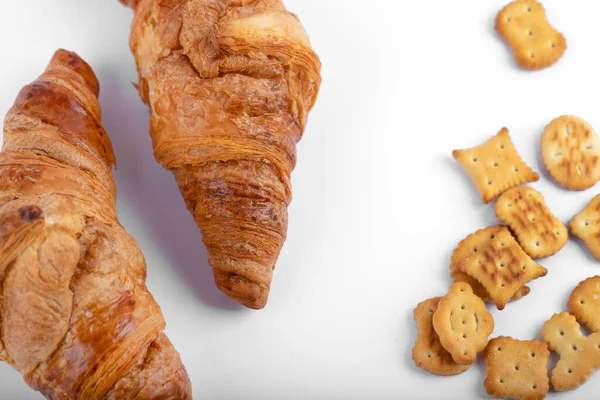 Crispy Crackers Freshly Baked Plain Croissants Placed White Background High — Stock Photo, Image