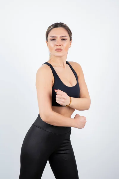 Mujer Rubia Forma Ropa Deportiva Negro Pie Posando Sobre Una — Foto de Stock