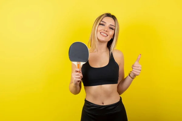 Portrait Young Woman Showing Thumb Holding Table Tennis Racket High — Stock Photo, Image