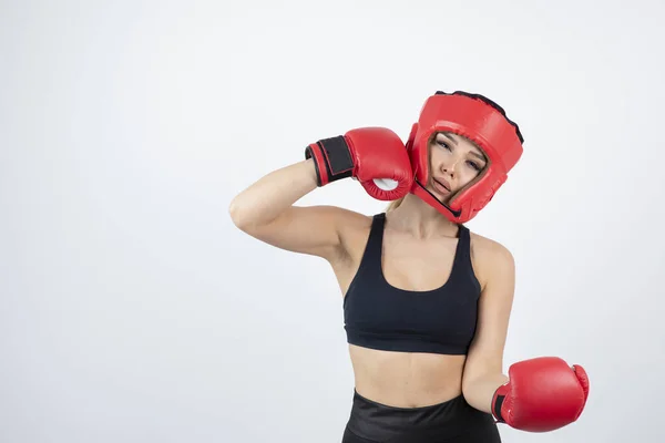 Image Young Female Boxer Red Gloves Helmet Fighting High Quality — Stock Photo, Image
