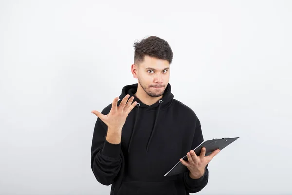 Portrait Homme Barbu Beau Avec Presse Papiers Debout Sur Blanc — Photo