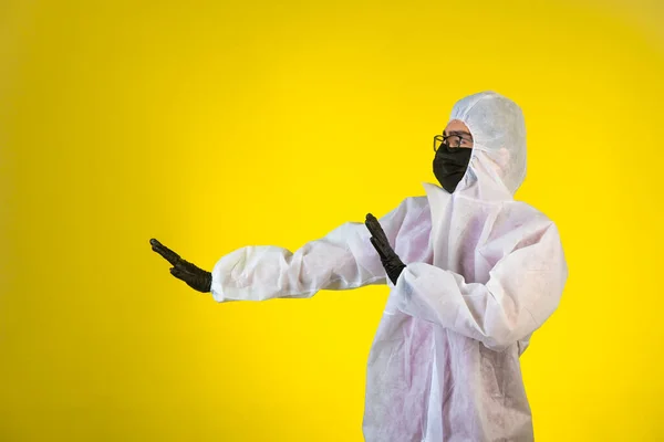 Sanitizer Special Preventive Uniform Stop Danger Coming Left Yellow Background — Stock Photo, Image