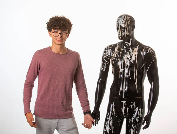 Curly Hair Boy Optique Glasses Standing Plastic Mannequin Holding His — Stock Photo, Image