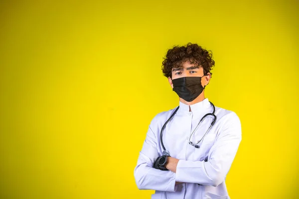 Curly Hair Boy White Medical Uniform Stethoscope Wearing Black Face — Stock Photo, Image