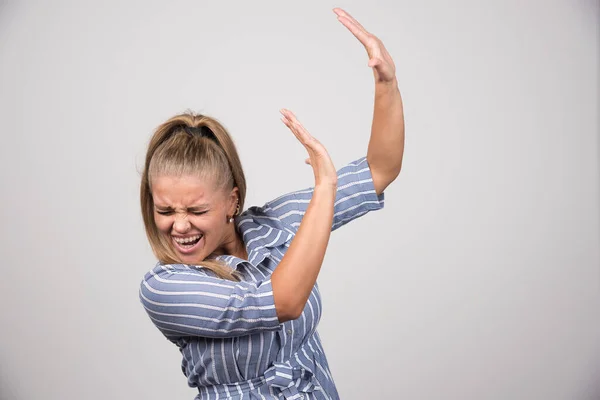 Young Woman Blue Sweater Rejecting Something High Quality Photo — Stock Photo, Image