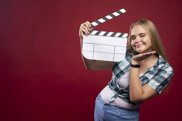 Young Blonde Model Holding Blank Movie Filming Clapper Board Having — Stock Photo, Image