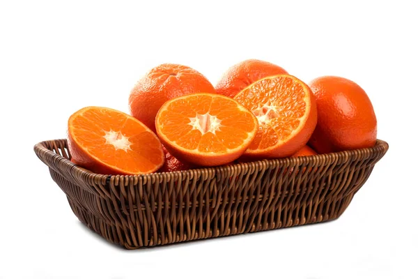 Whole Sliced Juicy Fresh Orange Fruits Wicker Basket White Background — Stock Photo, Image