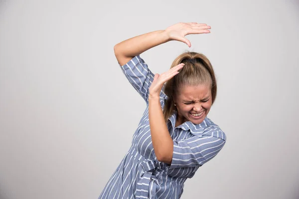 Young Woman Blue Sweater Rejecting Something High Quality Photo — Stock Photo, Image