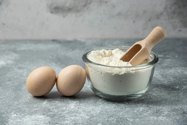 Bowl Flour Eggs Marble Table High Quality Photo — Stock Photo, Image
