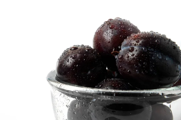 Black Cherry Plums Glass Cup High Quality Photo — Stock Photo, Image