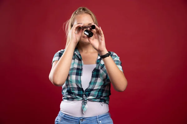 Young Blonde Model Looking Polaroid Film Tube Having Fun High — Stock Photo, Image