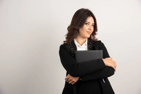 Profesora Posando Con Libro Sobre Fondo Blanco Foto Alta Calidad —  Fotos de Stock