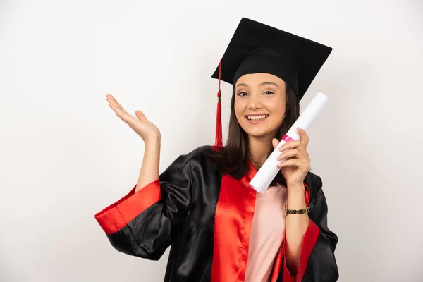 Fresh Graduate Female Diploma Posing White Background High Quality Photo — Stock Photo, Image