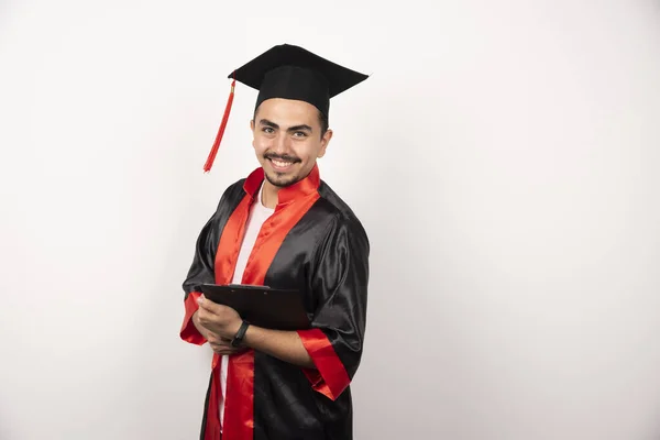 Fiatal Diplomás Egyenruhás Diák Fehér Hátterű Diplomával Kiváló Minőségű Fénykép — Stock Fotó