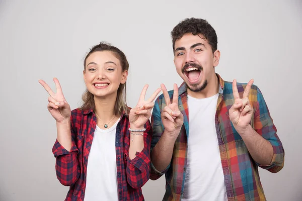 Hermosa Pareja Juntos Usando Camisa Cuadros Sobre Sonriendo Con Cara —  Fotos de Stock