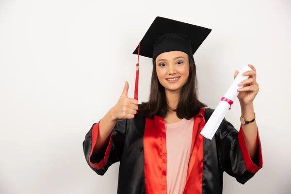 Fresh Graduate Female Diploma Making Thumbs White Background High Quality — Stock Photo, Image