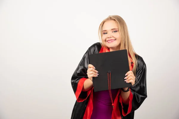 Blonde Student Posing Her Cap White Background High Quality Photo — Stock Photo, Image