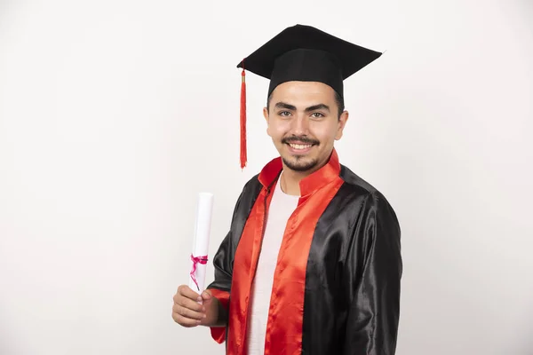 Boldog Férfi Diák Diplomával Fehér Háttérrel Kiváló Minőségű Fénykép — Stock Fotó
