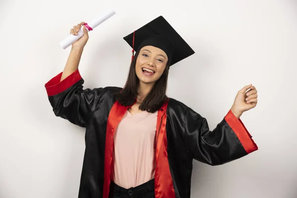 College Graduate Female Gown Standing White Background High Quality Photo — Stock Photo, Image