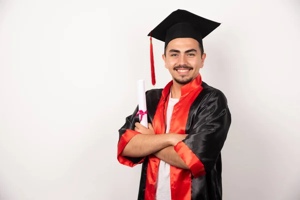 Boldog Férfi Diák Diplomával Fehér Háttérrel Kiváló Minőségű Fénykép — Stock Fotó