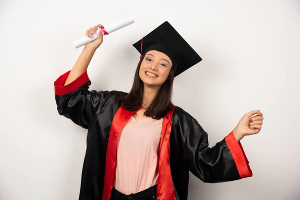 College Graduate Female Gown Standing White Background High Quality Photo — Stock Photo, Image