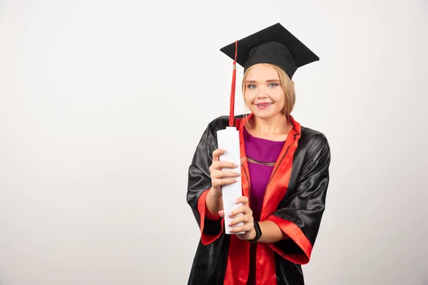 Beautiful Female Student Gown Holding Diploma High Quality Photo — Stock Photo, Image