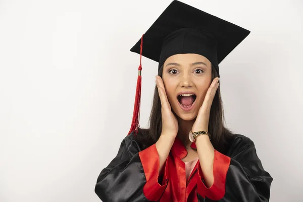 Fresh Graduate Covering Her Ears Surprised Expression White Background High — Stock Photo, Image