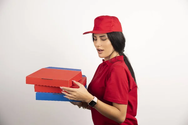 Meglep Hogy Pizzás Dobozokat Néz Kiváló Minőségű Fénykép — Stock Fotó