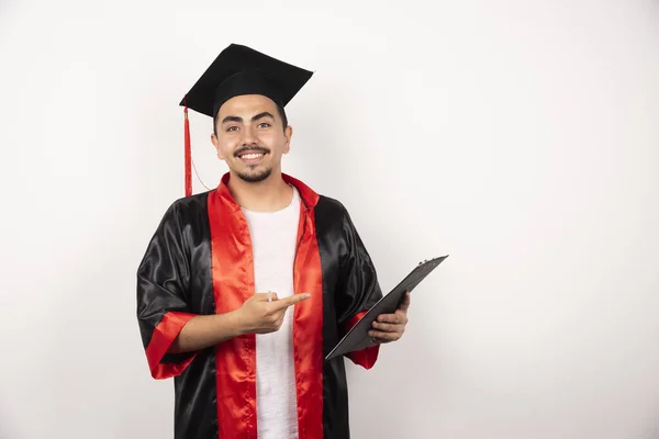 Boldog Végzős Diák Mutat Diplomáját Fehér Háttér Kiváló Minőségű Fénykép — Stock Fotó