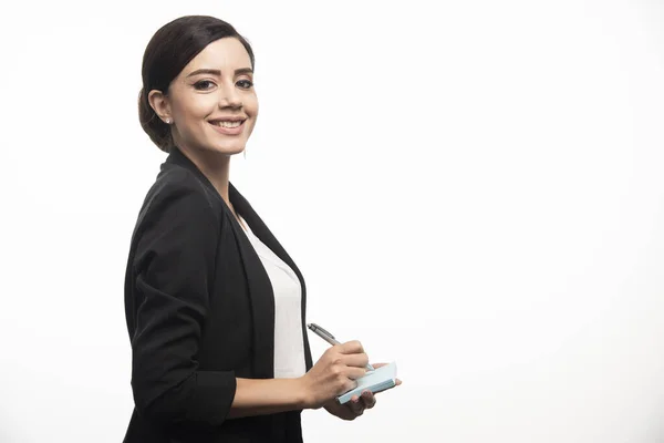 Empresaria Con Pegatinas Lápiz Sobre Fondo Blanco Foto Alta Calidad —  Fotos de Stock