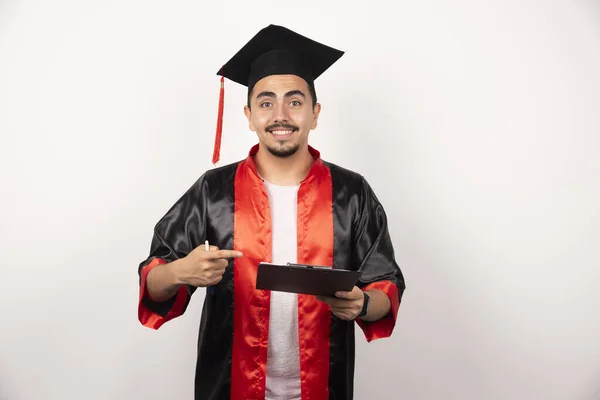 Fiatal Végzős Diák Fehér Hátterű Diplomával Kiváló Minőségű Fénykép — Stock Fotó