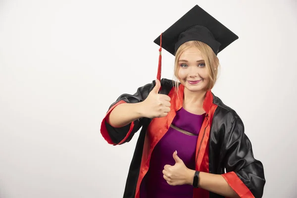 Female Student Gown Making Thumbs White Background High Quality Photo — Stock Photo, Image