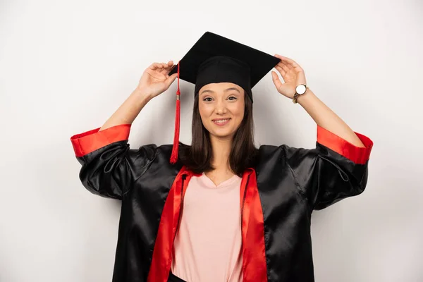 Happy Graduate Student Gown Posing White Background High Quality Photo — Stock Photo, Image