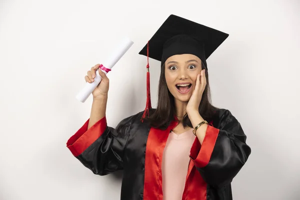 College Graduate Female Gown Feeling Happy White Background High Quality — Stock Photo, Image